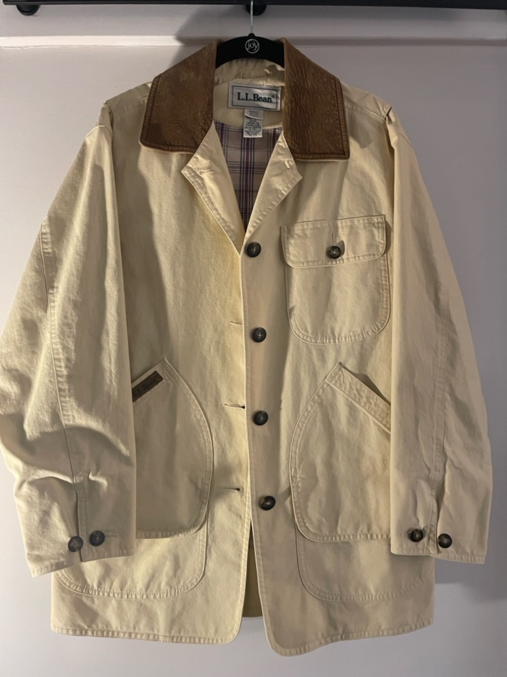 Vintage L.L. Bean barn jacket leather collar plaid lining women’s small